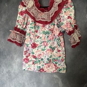 Sasabobs Elegant Floral Lace Ruffle Sasabobs Blouse with Pink Ribbons